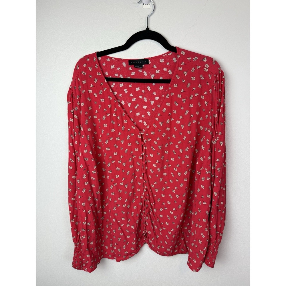 Sanctuary Top Woman 3XRed Floral Cori Blouson Sleeve Faux Wrap Snap Rayon Flowy
